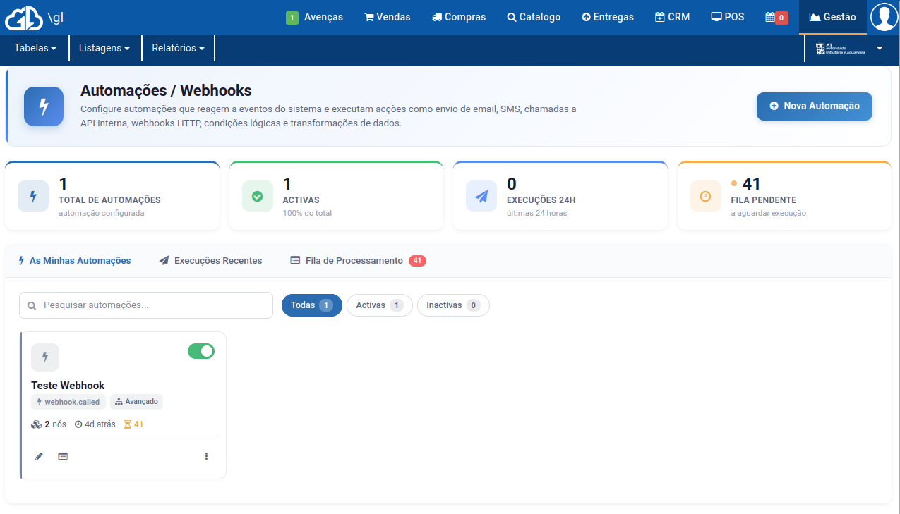 Ecrã Geral das Automações